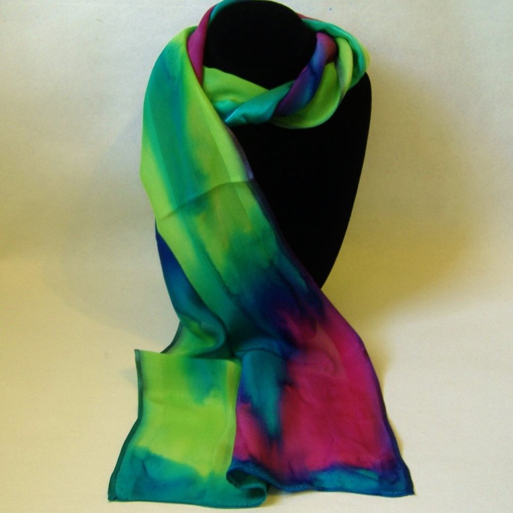 Hand Painted Silk Scarf Pink Green Turquoise Blue Women Unique Head Neck New